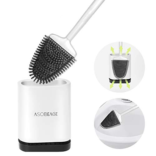 Asobeage Toilet Brush,Deep Cleaner Silicone Toilet Brushes with No-Slip Long Plastic Handle and Flexible Bristles, Silicone Toilet Brush with Quick Drying Holder Set for Bathroom Toilet
