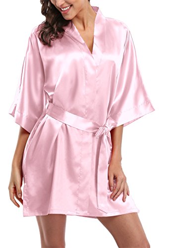 Giova Pure Color Satin Short Silky Bathrobe Sleepwear Nightgown Pajama,Baby Pink,Medium