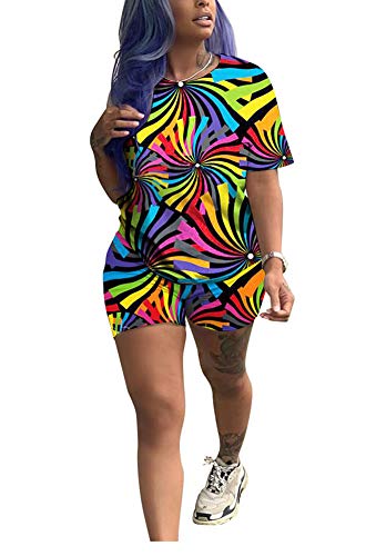 Women Sexy 2 Piece Outfits Bodycon Tracksuit Clubwear Tie Dye Print Short Sleeve T Shirt with Shorts Set Sportswear Joggers Tracksuit Sports Party Club Colorful, Medium