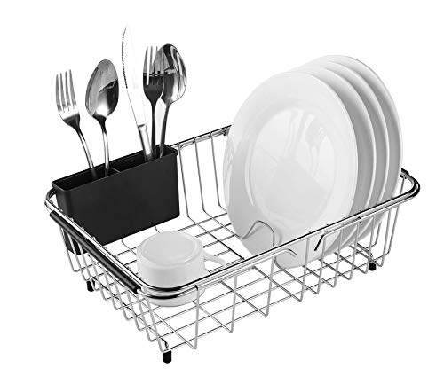 KESOL Expandable Dish Drying Rack, 304 Stainless Steel Over Sink Dish Drainer, Dish Rack in Sink or On Counter with Utensil Drying Rack, Rustproof- Medium