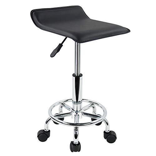 KKTONER Square Height Adjustable Rolling Stool with Foot Rest PU Leather Seat Cushion Medical Spa Drafting Salon Tattoo Work Swivel Office Stools Task Chair Small (Black)