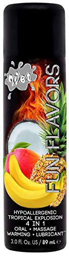 Wet Fun Flavors Tropical Explosion 4 in 1 Warming Flavored Edible Lube, Premium Personal Lubricant, 3 Ounce, Men, Women & Couples, Foreplay & Massage, Paraben Free, Gluten Free, Stain Free, Sugar Free