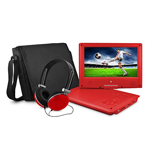 Ematic Portable DVD Player with 9-inch LCD Swivel Screen, Travel Bag and Headphones, Red