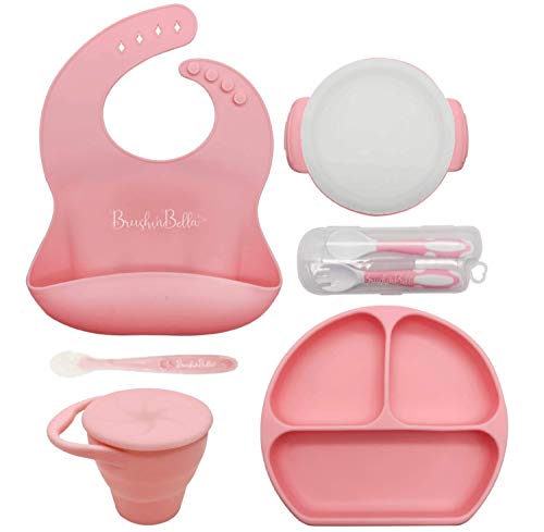 BrushinBella Baby Feeding Supplies - Complete Baby Feeding Set with Baby Plate, Baby Spoons First Stage, Silicone Bib and Snack Cup - Infant Eating Utensils and Baby Bowl with Suction