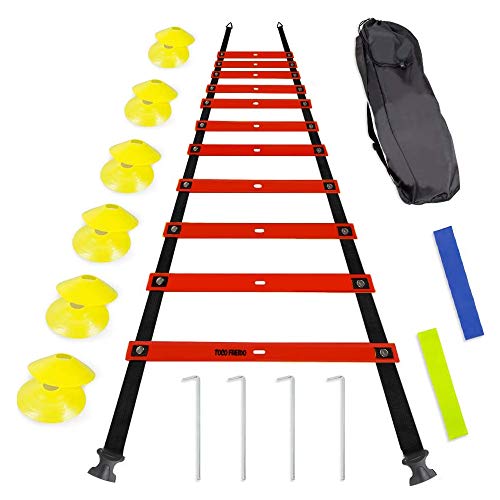 TOCO FREIDO Agility Ladder 20FT and Cones 12 Pack Adjustable Rungs Fitness Speed Training Equipment, Speed Agility Training Set 15 Rungs 1 Carry Bags, 10 Cones, 4 Stakes, Basketball, Soccer, Football