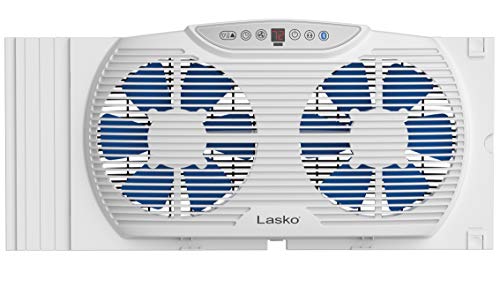 Lasko W09560 Bluetooth Enabled Twin 9-Inch Window Fan with Independent Electrically Reversible Intake & Exhaust Motors with Thermostat and Timer for Bedroom Indoor Home Use, White