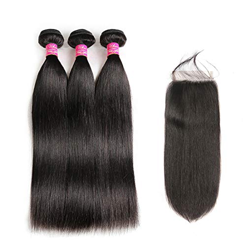 Brazilian Straight Hair Bundles With Closure 3 Bundles Unprocessed Virgin Human Hair Bundles With Lace Closure Free Part Hair Extensions Natural Color (10 12 14+10',Free Part)