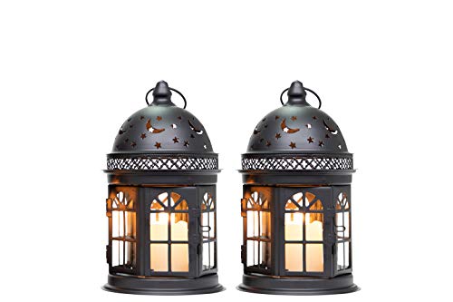 JHY DESIGN Set of 2 Decorative Lanterns-8.5 inch High Vintage Style Hanging Lantern, Metal Candle Holder for Indoor Outdoor Events Parities and Weddings (Black)