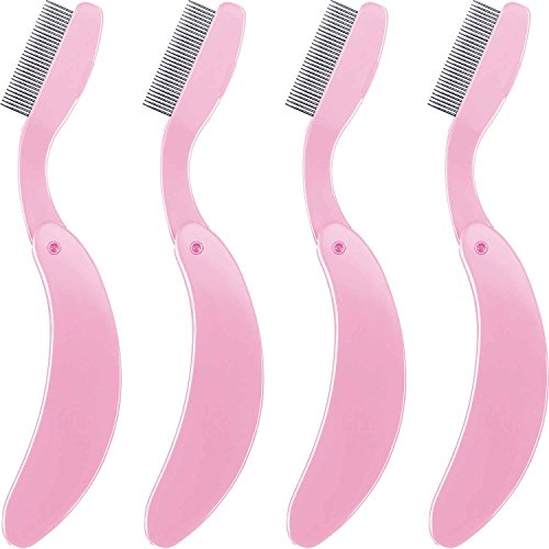 TecUnite 4 Packs Folding Eyelash Comb, Stainless Steel Teeth Eyebrow Comb Lash and Brow Makeup Brush (Pink)