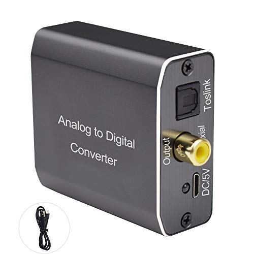 Analog to Digital Audio Converter, Tiancai 2RCA R/L or 3.5 mm Jack Aux to Toslink SPDIF Optical and Coaxial, Support Dual Ports Output Simultaneously, with Power Adapter