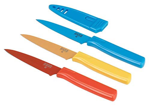 Kuhn Rikon Straight Paring Knife with Safety Sheath, 4 inch/10.16 cm Blade, Set of 3, Red, Yellow & Blue