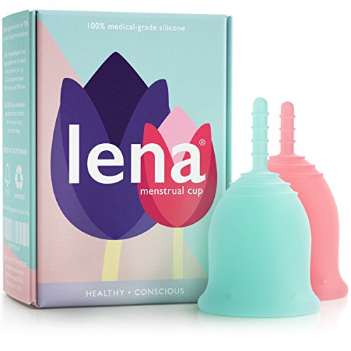 Lena Menstrual Cups - 2-Pack - Reusable Period Cups - Tampon and Pad Alternative - Regular and Heavy Flow - Small and Large - Pink and Turquoise
