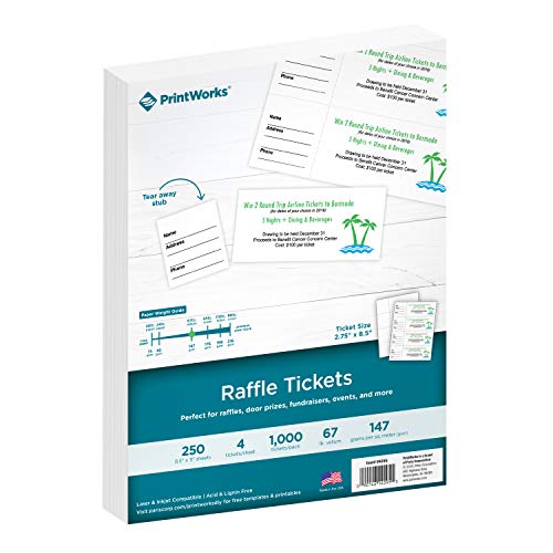 PrintWorks Raffle Tickets, Perforated Cardstock for Tickets with Tear-Away Stubs, 8.5 x 11, 67lb/147gsm, 4 Tickets Per Sheet, 250 Sheets, 1000 Tickets Total, White (04295) (2.75 x 8.5)