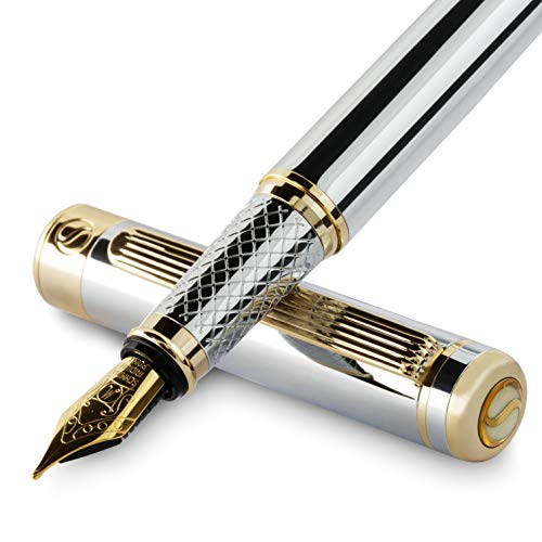 Luxury Fountain Pen by Scriveiner - Stunning Pen with 24K Gold Finish, Schmidt 18K Gilded Nib (Medium), Best Pen Gift Set for Men & Women, Professional, Executive, Office, Nice Pens (Silver Chrome)