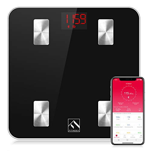 FITINDEX Smart Body Fat Scale, Digital BMI Weight Wireless Scale, Body Composition Monitor with Smartphone App for Body Weight, Body Fat, Muscle Mass, 396lbs - Black