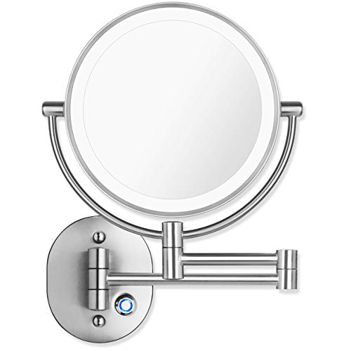 Pansonite LED Wall Mount Makeup Mirror with 10x Magnification, 8.5'' Double Sided 360° Swivel Vanity Mirror with 13.7' Extension and Adjustable Light for Bathroom & Bedroom, Chrome Finished
