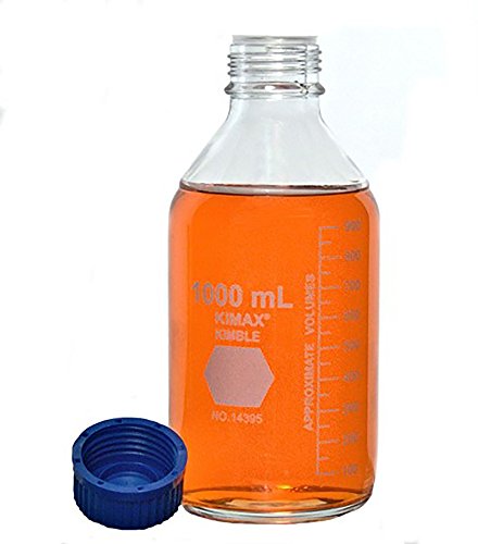 Kimble 14395-2000 Borosilicate Glass GL-45 Media/Storage Bottle With Blue Polypropylene Screw Thread Cap, 2000mL (Case of 4)