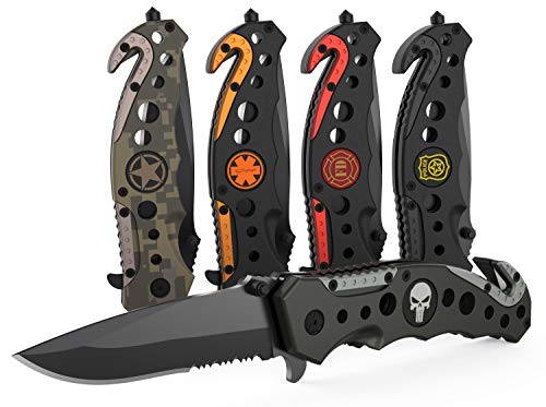 3-in-1 Navy SEAL Skull Tactical Knife for Search & Rescue with Glass Breaker, Seatbelt Cutter and Steel Serrated Blade