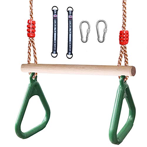 Flyzy Trapeze bar for Kids Trapeze Swing bar with Rings& Locking Carabiners for Indoor Gym Play Set and Outdoor Playground for Swingset ,Ninja line Backyard (Dark Green)