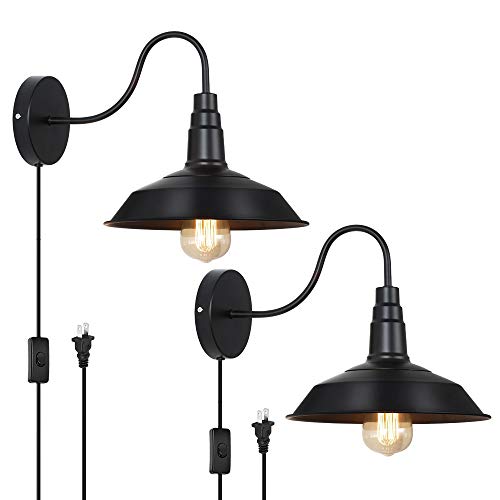 HAITRAL Plug in Wall Lamps Set of 2- Farmhouse Wall Sconces with Pulg in Cord and Buttun Switch, Industrial Wall Light Fixtures Plug in for Bedroom, Living Room, Farmhouse, Bathroom Vanity-Black