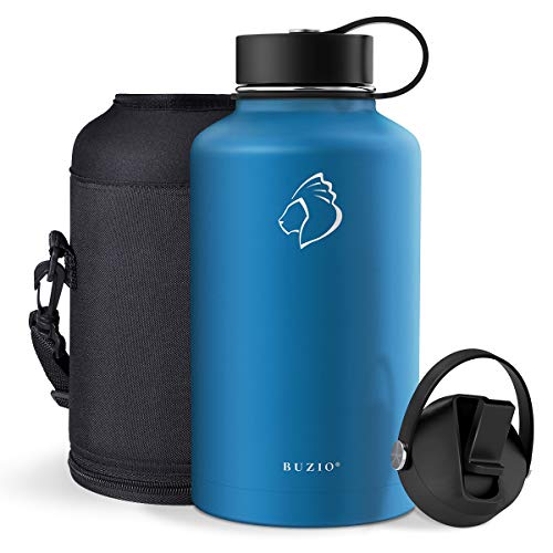 BUZIO Vacuum Insulated Stainless Steel Water Bottle (Cold for 48 Hrs/Hot for 24 Hrs), 64oz Double Walled Wide Mouth Sports Drink Flask with BPA Free Straw Lid and Flex Cap, Cobalt