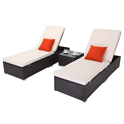 Do4U 3 Pcs Outdoor Chaise Lounge PE Wicker Reclining Chair with Cushions Furniture Set Patio Lounge Chair Adjustable Backrest Recliners for Outdoor Patio Beach Pool Backyard (Beige)