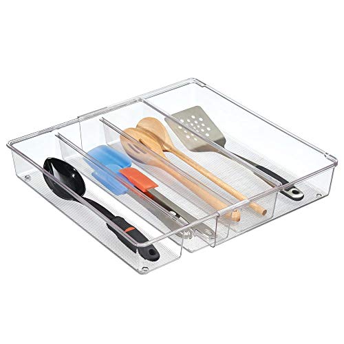 mDesign Adjustable, Expandable 4 Compartment Kitchen Cabinet Drawer Organizer - Divided Sections for Cutlery, Serving Spoons, Cooking Utensils, Gadgets - BPA Free, Food Safe - Clear