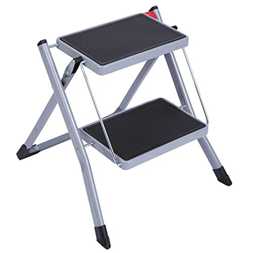 Varbucamp 2 Step Small Ladder Step Stool for Closet, Portable Folding Mini Ladder with Wider Pedal and Sturdy Iron Frame,Grey