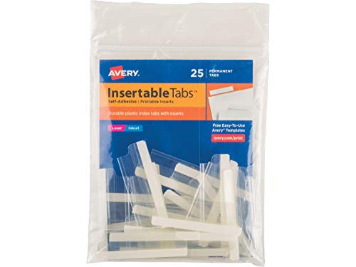 Avery 16241 Index Tabs with Printable Inserts, 2-Inch Wide, Clear Tabs, 25/Pack