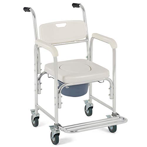4-in-1 Rolling Casters Commode Toilet Seat Bedside Wheelchair Shower Chair w/Ebook