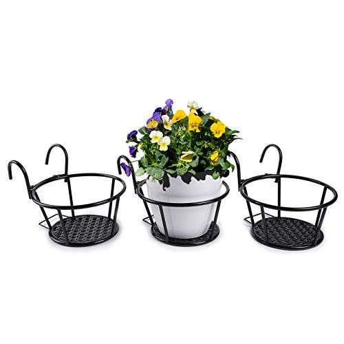 HOMENOTE Railing Planter, 3 PCs Hanging Flower Basket Outside Plant Stand Over Deck Rail Planters for Balcony - Easy Assembly Metal Black