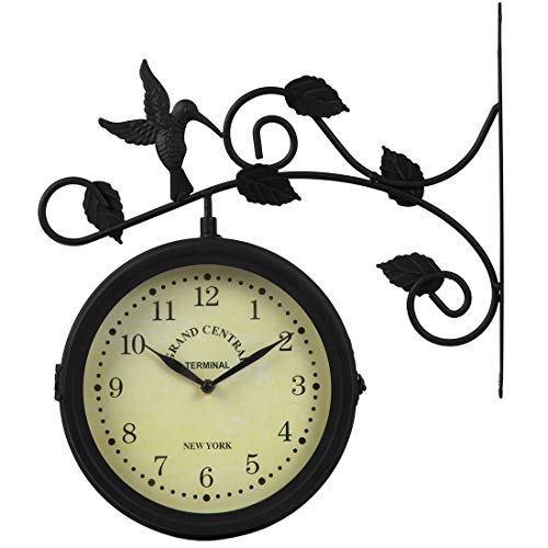 Lily's Home Vintage Inspired Outdoor Hanging Train Station Garden Dual Sided Clock Thermometer, Black Wrought Iron