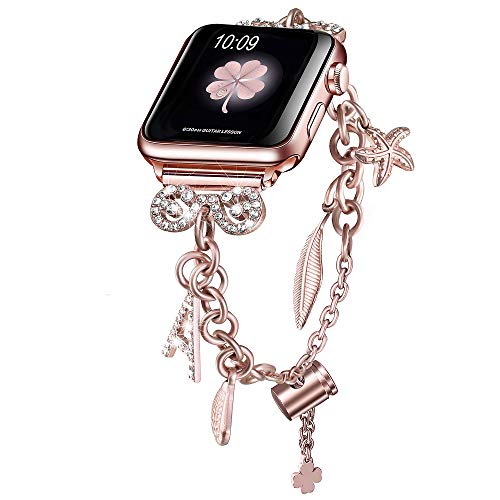 Secbolt Bling Bands Compatible with Apple Watch Bands 38mm 40mm iWatch SE Series 6/5/4/3/2/1, Women's Multi-Charm Adjustable Bracelet in Stainless Steel, Rose Gold