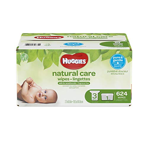 HUGGIES Natural Care Unscented Baby Wipes, Sensitive, 3 Refill Packs Plus Refillable Tub, 624 Count Total
