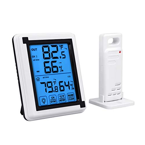 Auing Indoor Outdoor Thermometer Wireless Temperature and Humidity Monitor with Touchscreen and Waterproof Outdoor Temperature Monitor, 200ft/60m Range