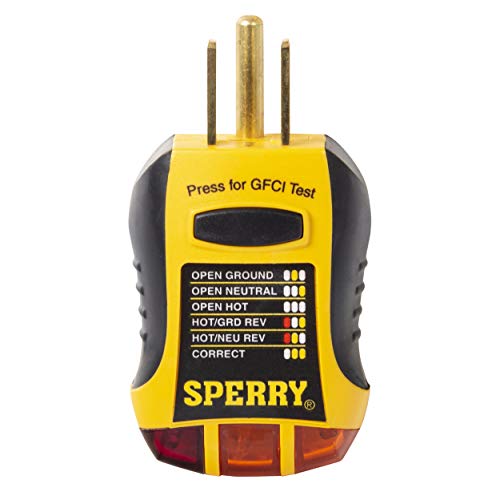 Sperry Instruments GFI6302 GFCI Outlet / Receptacle Tester, Standard 120V AC Outlets, 7 Visual Indication / Wiring Legend, Home & Professional Use, Yellow & Black