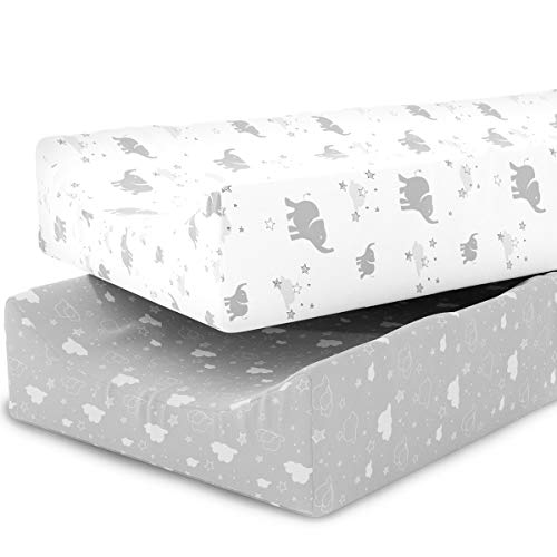 Changing Pad Covers Sheets - Premium Jersey Knit Cotton Change Pad Covers - Super Soft - Diaper Changing Pad Cover for Baby Change Table Pads - 2 Pack Cradle Sheet Set - Elephants, Stars, Clouds