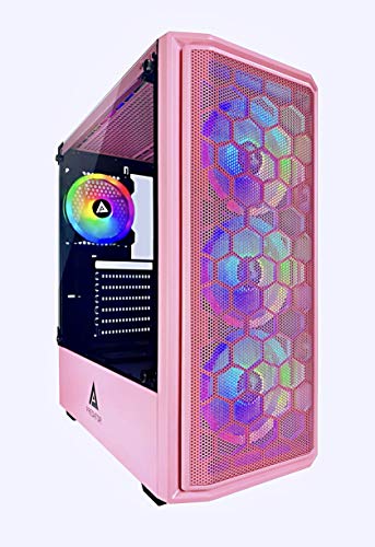 Apevia Predator-PK Mid Tower Gaming Case with 1 x Tempered Glass Panel, Top USB3.0/USB2.0/Audio Ports, 4 x RGB Fans, Pink Frame