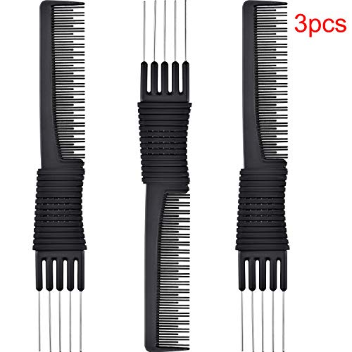 3 Pack Black Carbon Lift Teasing Combs with Metal Prong, Salon Teasing Back Combs, Black Carbon Comb with Stainless Steel Lift (Style A)