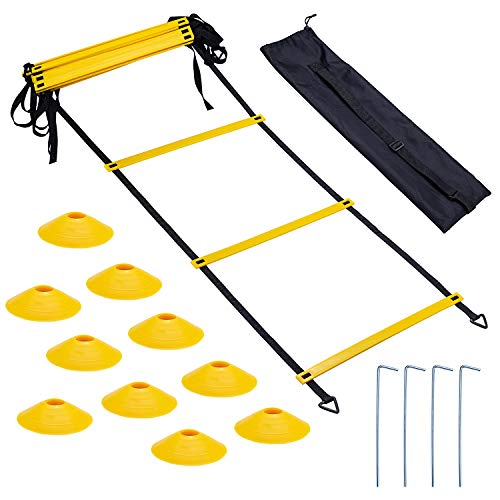 Bligo Speed Agility Training Equipment Set - Includes 23 ft Ladder with 4 Hooks, 10 Cones - Kit for Athletes, Football, Soccer, Basketball, Hockey, for Coordination, Footwork