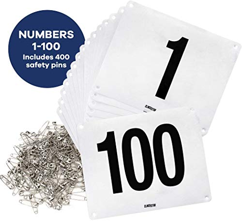 Clinch Star Running Bib Large Numbers with Safety Pins for Marathon Races and Events - Tyvek Tearproof and Waterproof 6 X 7.5 Inches (Numbers 1-100)