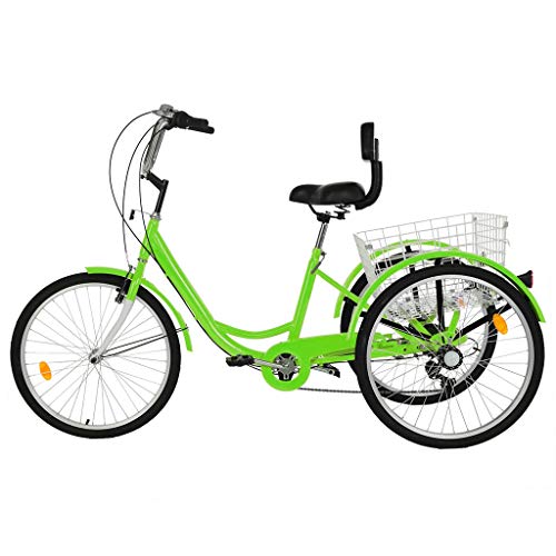 Gorunning Adult Tricycle, 7-Speed Tricycle, High-Strength Steel Frame, Front and Rear Fenders, Adjustable Handlebars, Large Cruiser Seat, and Large Rear Folding Basket, for Seniors, Women, Men (Green)