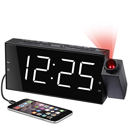 Projection Alarm Clock for Bedroom,Projector Ceiling Clock with 7”Large Digtal LED Display&Dimmer,180°Projector,USB Charger,Dual Alarms,12/24H DST,Battery Backup & Plug-in Loud Clock for Heavy Sleeper