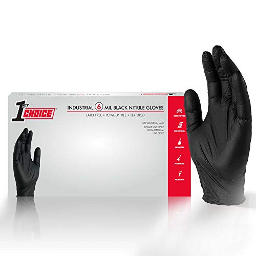 1st Choice Industrial 6 Mil Black Nitrile Gloves, Latex Free, Powder Free, Textured, Disposable, Non-Sterile, Size Large, Box of 100, 1PBNLBX