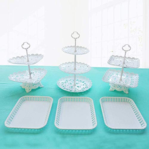 Dessert Stand Set of 6 Pieces Includes 3 Tier 2 Tiers Square/Heart/Round Cupcake Holder Rectangular Plate Tray for Wedding Birthday Party Fruits Desserts Candy Bar Display White