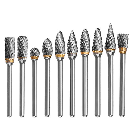 HQMaster 10pcs 1/8 Tungsten Carbide Rotary File Solid Carbide Rotary Burr Set Drill Grinding Cutter Tools Bits Set, for DIY Wood-working Carving, Metal Polishing, Engraving, Drilling