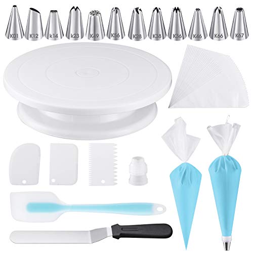 Puroma 70-in-1 Cake Decorating Kits Supplies with Rotating Cake Turntable Stand, 50 Disposable Pastry Bags, 12 Numbered Cake Decorating Tips, 3 Icing Smoother, 1 Icing Spatula, 1 Silicone Spatula