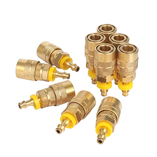 WYNNsky Industrial Push On and Lock Air Coupler with 1/4 Inch Hose Barb, 1/4 Inch Body Size, 10 Pieces Brass Air Hose Fittings