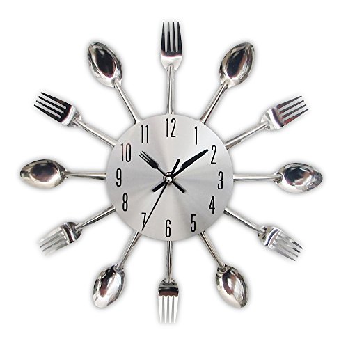 Timelike Kitchen Wall Clock, 3D Removable Modern Creative Cutlery Kitchen Spoon Fork Wall Clock Mirror Wall Decal Wall Sticker Room Home Decoration (Sliver)
