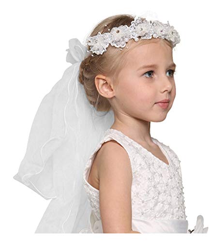 Bienvenu First Communion Flower Girl Bow Embroidered Wedding Veil Two Layers,White_3